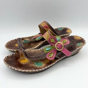 L'Artiste Santorini Slide Sandal leather brown colorful butterfly buckle